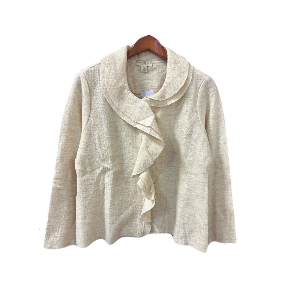 NEW Appleseed Womens Size Large Petite 100% Boiled Wool Cream Pink Ruffle Blazer